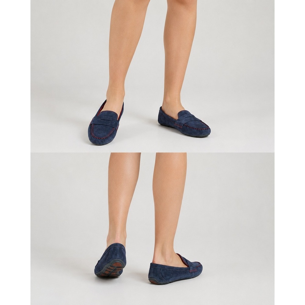 White Mountain Navy Suede Loafers with Red Stitching